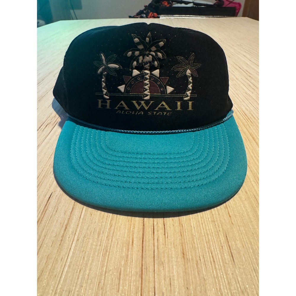 Vintage Nissin Cap Hawaii Aloha State Trucker Hat Black Teal Snapback Mesh
46